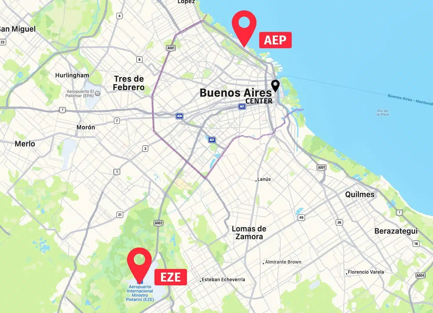 Airport map Buenos Aires EZE and AEP